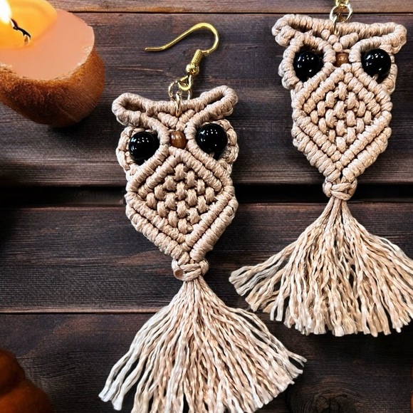 Owl macrame earrings 70s vibes Macrame Wood Hypoallergenic Ear wires Adorable - Picture 4 of 15